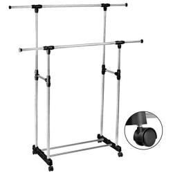 HEAVY DUTY-Double Adjustable Portable Clothes Rack Hanger Extendable Rolling