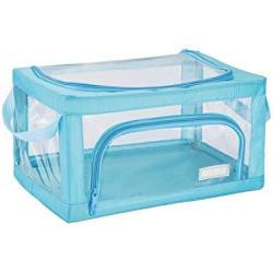 DoDoMagxanadu Clear Foldable Storage Bins Boxes, Toy Storage Boxes Stackable Closet Container Organizer Basket with Clear Window for Clothes, Bedding and Kids Toy (Blue, 22L(15.3x11.4x7.8))