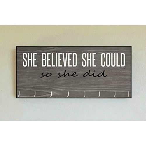 Race Medal Holder/Running Medal Hanger SHE BELIEVED SHE COULD SO SHE DID- Wood Wall Mounted Medal Organizer. CUSTOMIZATION Available