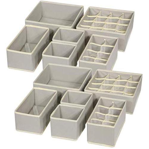 TENABORT 12 Pack Foldable Drawer Organizer Dividers Cloth Storage Boxes Closet Dresser Organizer Cube Fabric Containers Basket Bins for Underwear Bras Socks Panties Lingeries Nursery Baby Clothes Gray