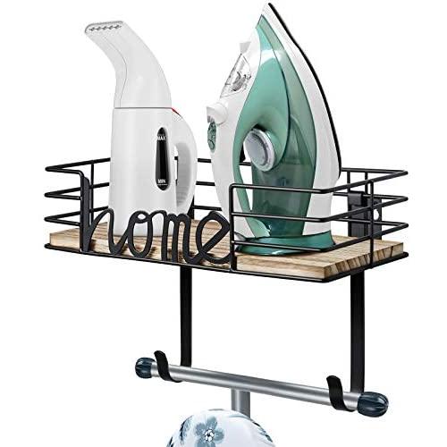 TJ.MOREE Ironing Board Hanger - Laundry Room Iron and Ironing Board Holder, Metal Wall Mount with Large Storage Wooden Base Basket and Removable Hooks (Black)