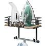 TJ.MOREE Ironing Board Hanger - Laundry Room Iron and Ironing Board Holder, Metal Wall Mount with Large Storage Wooden Base Basket and Removable Hooks (Black)