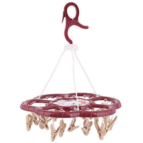 uxcell Plastic Household Flower Shaped Swivel Hook 24 Clips Drying Rack Clothes Hanger Dark Red