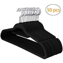 LUOOV Velvet Hangers, Non Slip Plastic Clothes Hangers, Durable Space Saving with 360 Degree Velvet Clothes Hangers, Clothes Hangers for Coat Skirt Dress 50 Pack - Black (50 pcs, Black)