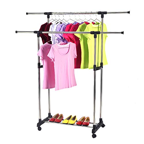 Cypress Shop Adjustable Cloth Drying Rack Rolling Portable Heavy Duty Hanger Double Rail Shelf Racks Telescopic Clothing Hanging Dryer Storage Hanger Clothes Balcony Room Household Home Furniture