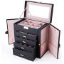 Aihomlk Synthetic Leather Huge Jewelry Boxes Mirrored Watch Organizer Necklace Ring Earring Storage Lockable Gift Case Black