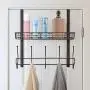 Coat Rack Over The Door Basket Hook Metal Shelf Organizer Black with 5 Hooks and Basket Storage Fit Well at Bedroom Kitchen Bathroom Office for Towels Hats