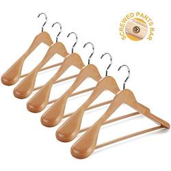 TOPIA HANGER Set of 6 Luxury Natural Wooden Coat Hangers, Premium Wood Suit Hangers, Glossy Finish with Extra-Wide Shoulder, Thicker Chrome Hooks & Anti-Slip Bar CT02N