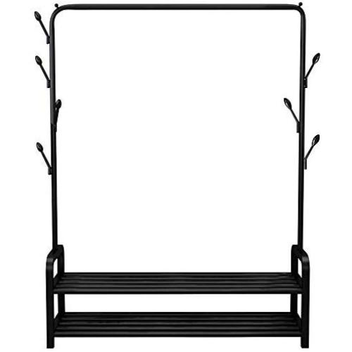 BAIYEA Durable Coat Rack Shoe Storage Bench, Bedroom Hall Tree Entryway Storage Shelf, Clothes Garment Rack on Wheels with 2 Metal Frame, Jacket Rack Hanger Stand 3 in 1 Design, Easy Assembly (Black)