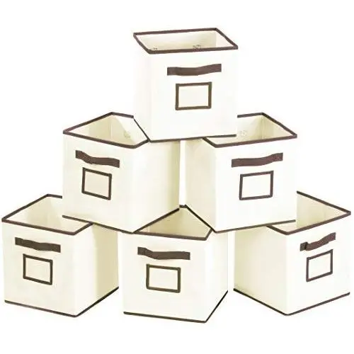 MaidMAX Foldable Storage Cubes with Label Holders and Dual Handles, Beige, Set of 6