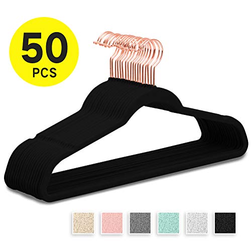 SUPJOO Premium Velvet Hangers Rose Gold Swivel Hooks - Felt Hangers-HeavyDuty Non Slip Sturdy Suit Hangers-Space Saving Clothes Hangers 50 Pack for Skirts Coats (Black)