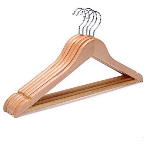 Tikkii Natural Wood Clothes Hanger Closet Rack Non-Slip Heavy Duty Coats Suit Pants Bar (Pack of 5)