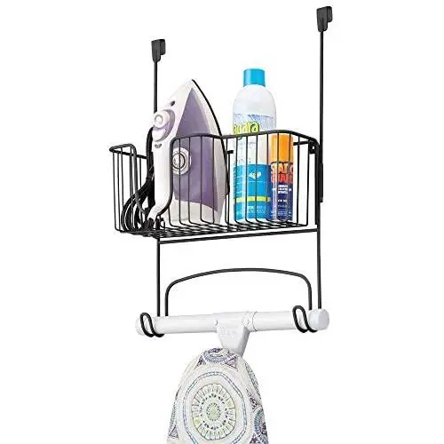 mDesign Metal Over Door Ironing Board Holder with Large Storage Basket - Holds Iron, Board, Spray Bottles, Starch, Fabric Refresher - for Laundry, Utility Room, Garage - Matte Black mDesign Metal Over Door Ironing Board Holder with Large Storage Basket - Holds Iron, Board, Spray Bottles, Starch, Fabric Refresher - for Laundry, Utility Room, Garage - Matte Black