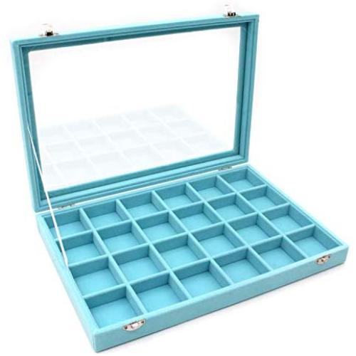 KLOUD City Jewelry Tray Boxes Showcase Display Storage Rings Earrings Necklaces Bracelet Broochs Organizer Removable Stackable Velvet Clear Lid with Lock (Light Blue 24 Grid)