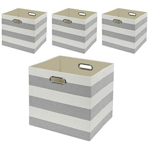 Posprica Storage Bins Storage Cubes, 13×13 Fabric Storage Boxes Foldable Baskets Containers Drawers for Nurseries,Offices,Closets,Home Décor - 4pcs,Grey-White Striped