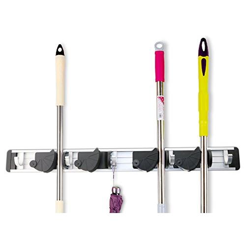 Freye Adjustable Aluminum Broom and Mop Holder with 4 Position and 5 Hangers 52cm Kitchen and Garage Storage and Organizer Rack, Hooks for Family, Wall Mounted- Easy to Install