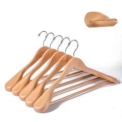 Amber Home Deluxe Curved Solid Wood Coat Hanger, Suit Hanger, Jacket Hanger with Sturdy Non-Slip Bar, Smooth Finish, Wide Shoulder,5 Pack (Natural Color)