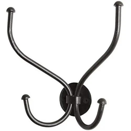 RTZEN Decorative Wall Mount Hanger | Double Wrought Iron Hook for Hat, Coat, Clothes, Towel, Robe | Black Metal Jacket Hanging Hooks Rack | Handmade Décor