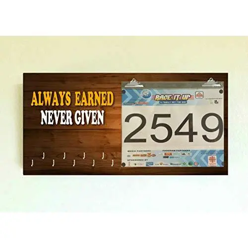 Race Medal Holder/Running Medal Hanger/Race Bib/ALWAYS EARNED NEVER GIVEN- Wood Wall Mounted Medal Organizer. CUSTOMIZATION Available