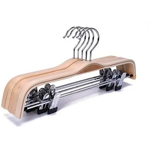 JS HANGER Natural Finish Wooden Pant Hangers with Anti-Rust Hook and 2-Adjustable Clips, 5-Pack JS HANGER Natural Finish Wooden Pant Hangers with Anti-Rust Hook and 2-Adjustable Clips, 5-Pack