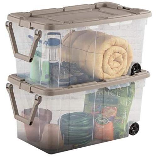 Ultra Storage Bin 2pc Clear Weathertight 40gal Boxes with Handle Portable Container Latching Lid Durable Organizer Mudroom Garage Workshop Laundry Easy Mobility & eBook by BADAshop