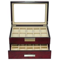 TimelyBuys 20 Cherry Wood Watch Boxes Display Case 2 Level Storage Jewelry Organizer with Glass Top, Stainless Steel Accents, and Drawer