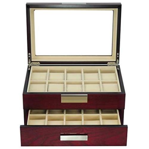 TimelyBuys 20 Cherry Wood Watch Boxes Display Case 2 Level Storage Jewelry Organizer with Glass Top, Stainless Steel Accents, and Drawer