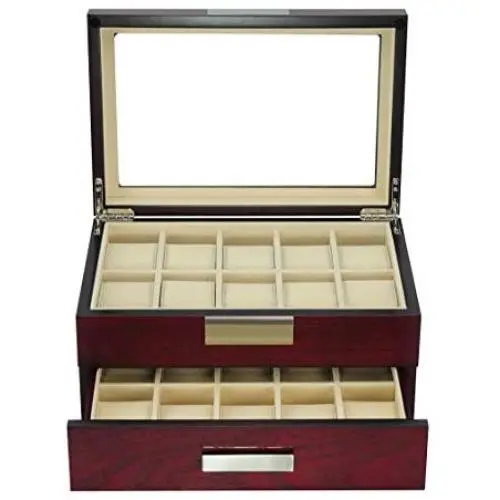 TimelyBuys 20 Cherry Wood Watch Boxes Display Case 2 Level Storage Jewelry Organizer with Glass Top, Stainless Steel Accents, and Drawer