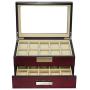 TimelyBuys 20 Cherry Wood Watch Boxes Display Case 2 Level Storage Jewelry Organizer with Glass Top, Stainless Steel Accents, and Drawer