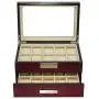 TimelyBuys 20 Cherry Wood Watch Boxes Display Case 2 Level Storage Jewelry Organizer with Glass Top, Stainless Steel Accents, and Drawer