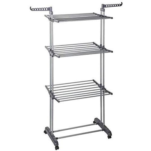 STORAGE MANIAC 3 Tier Rolling Clothes Drying Rack Folding Laundry Dryer Hanger with Foldable Wings Compact Storage Steel Indoor Outdoor