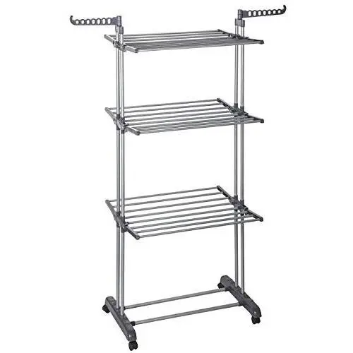 STORAGE MANIAC 3 Tier Rolling Clothes Drying Rack Folding Laundry Dryer Hanger with Foldable Wings Compact Storage Steel Indoor Outdoor STORAGE MANIAC 3 Tier Rolling Clothes Drying Rack Folding Laundry Dryer Hanger with Foldable Wings Compact Storage Steel Indoor Outdoor