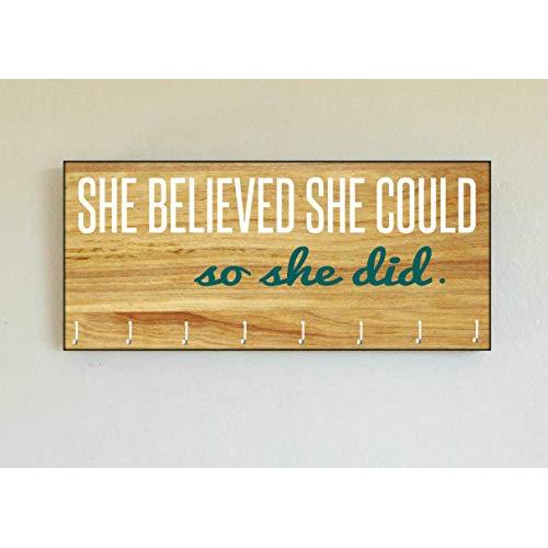 Race Medal Holder/Running Medal Hanger SHE BELIEVED SHE COULD SO SHE DID- Wood Wall Mounted Medal Organizer. CUSTOMIZATION Available