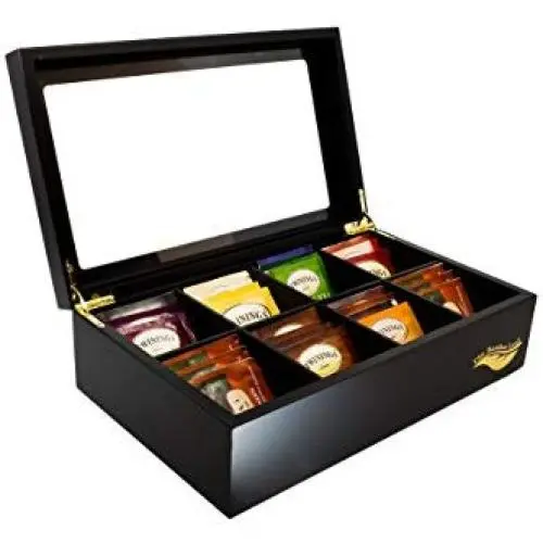 The Bamboo Leaf Tea Boxes Storage Organizer for Tea Collections, 8 Compartments w/Glass Window (Black)