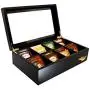 The Bamboo Leaf Tea Boxes Storage Organizer for Tea Collections, 8 Compartments w/Glass Window (Black)