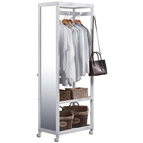 Tiny Times Free Standing Armoire Wardrobe Closet with Full Length Mirror, 67 Tall Wooden Closet Storage Wardrobe with Brake Wheels,Hanger Rod,Coat Hooks,Entryway Storage Shelves Organizer- White