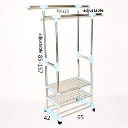 Double Folding Clothes Rail, Rolling Clothes Hanger, Retractable Balcony Storage Shoe Rack, L70-115cm W42 H85-157cm, (stainless Steel)