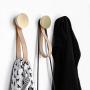 Round Beech Wood & Brass Wall Hook with Leather Loop - Modern design wall mounted coat hanger