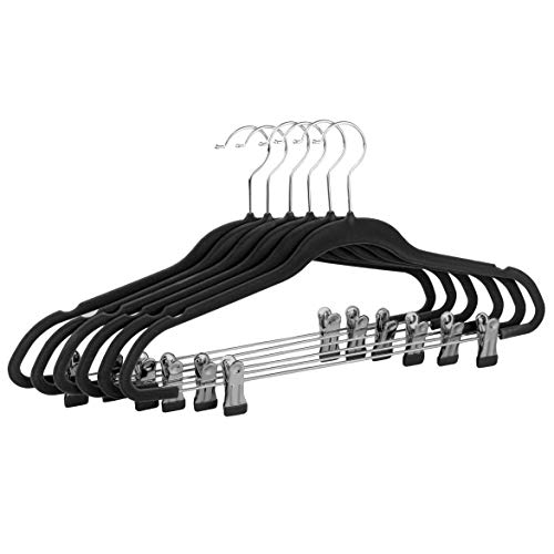 Raymond Waites Ultra-Thin Non-Slip Velvet Clothing Hangers with Clips, Flocked & Durable, Closet Space Saving, for Garments, Suits, Dresses, Pants, Shirts, Coats, 6 Pack (Black)