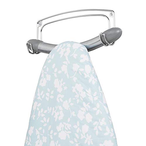 mDesign Metal Wire Wall Mount Ironing Board Holder - 2 Strong Hooks Hold Ironing Board, Towels, Cleaning Brushes, Spray Bottles, Coats - for Laundry Rooms, Utility Rooms, Closets, Garages - Chrome