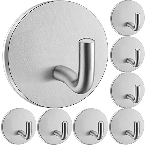 Bathroom Towel Hook 8 Pack Heavy Duty Self Adhesive Hooks Without Nails Metal Sticky Hooks for Hanging Coat Clothes Shower,Stick on Wall Door Closet Kitchen Hooks -Stainless Steel-Brushed