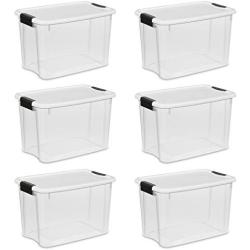 Sterilite 19859806, 30 Quart/28 Liter Ultra Latch Box, Clear with a White Lid and Black Latches, 6-Pack