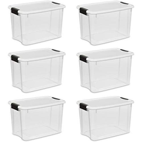 Sterilite 19859806, 30 Quart/28 Liter Ultra Latch Box, Clear with a White Lid and Black Latches, 6-Pack