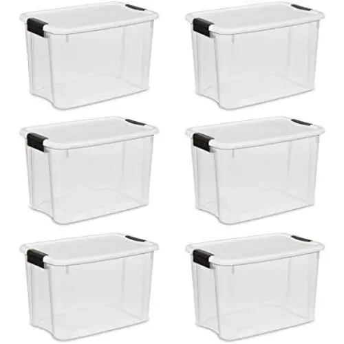 Sterilite 19859806, 30 Quart/28 Liter Ultra Latch Box, Clear with a White Lid and Black Latches, 6-Pack
