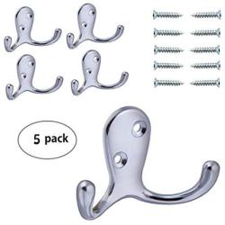 HoveBeaty Wall Hooks Double Prong Robe Hook Rustic Hooks Retro Clothes Hanger Coat Hanger Wall Mounted Hook with Screws 5 Pack (Silver)