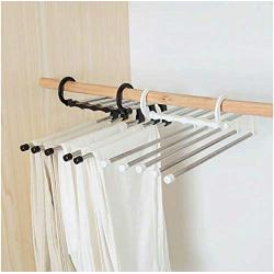 5PC 5 Tier Multi-Function Portable Clothes Hanger Pants Racks Trousers Hanger Clothes Storage Drying Hanger Stainless Steel Random Color