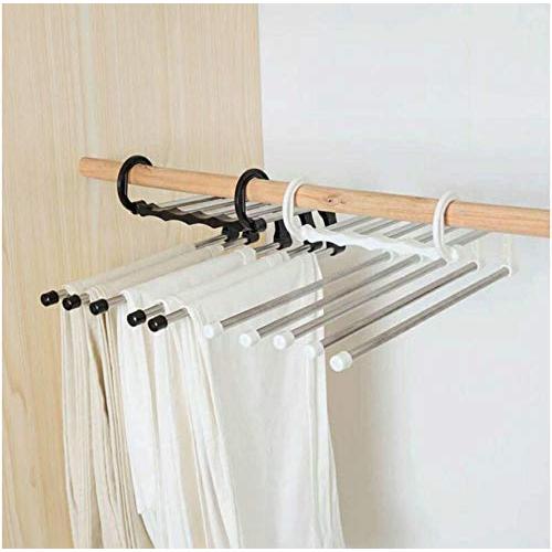 5PC 5 Tier Multi-Function Portable Clothes Hanger Pants Racks Trousers Hanger Clothes Storage Drying Hanger Stainless Steel Random Color