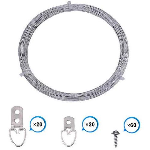 Picture Frame Hanging Wire Kit Stainless Steel Wire with 20 Pieces 2 Holes D-Ring Picture Hangers and 20 Pieces Single Hole D-Ring with Screws, Supports up to 75 Lbs (1.0 mm x 98 Feet)