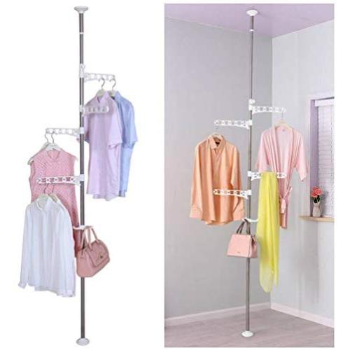 BAOYOUNI 4-Tier Standing Clothes Laundry Drying Rack Coat Hanger Organizer Floor to Ceiling Adjustable Metal Corner Tension Pole, Ivory