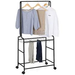 Terby Garment Clothes Pant Rack Jeans Trouser Rolling Trolley-Closet Organizer, Wardrobe Storage with Lockable Wheels and 12 Hangers, Hanging Rod, Black